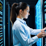 A professional female DevOps engineer, calm and focused, wearing a modest business casual shirt and smart trousers, stands in a brightly lit, futuristic data center. She gently interacts with a holographic display showing a seamless CI/CD pipeline, with abstract representations of code transforming into deployed applications. Behind her, gleaming server racks emit soft digital glows, symbolizing efficient data flow and automation. The atmosphere is one of technological progress and streamlined operations. This image embodies the evolution of IT deployment into a smooth, intelligent process.