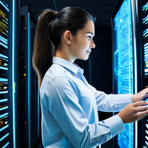Home 11 A professional female DevOps engineer, calm and focused, wearing a modest business casual shirt and smart trousers, stands in a brightly lit, futuristic data center. She gently interacts with a holographic display showing a seamless CI/CD pipeline, with abstract representations of code transforming into deployed applications. Behind her, gleaming server racks emit soft digital glows, symbolizing efficient data flow and automation. The atmosphere is one of technological progress and streamlined operations. This image embodies the evolution of IT deployment into a smooth, intelligent process.