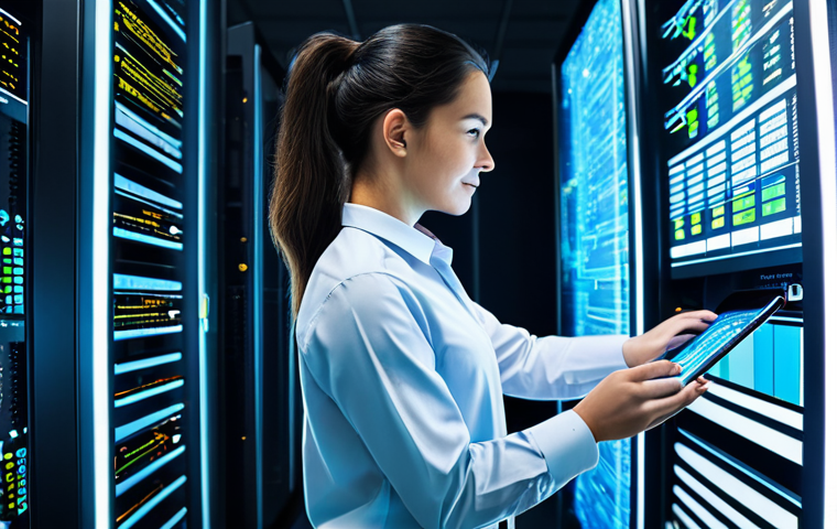 A professional female DevOps engineer, calm and focused, wearing a modest business casual shirt and smart trousers, stands in a brightly lit, futuristic data center. She gently interacts with a holographic display showing a seamless CI/CD pipeline, with abstract representations of code transforming into deployed applications. Behind her, gleaming server racks emit soft digital glows, symbolizing efficient data flow and automation. The atmosphere is one of technological progress and streamlined operations. This image embodies the evolution of IT deployment into a smooth, intelligent process.