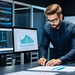 서버 업그레이드 체크리스트 - A focused IT professional, wearing smart casual attire, meticulously planning a server upgrade at a ...