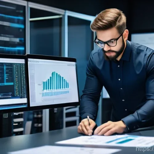 서버 업그레이드 체크리스트 - A focused IT professional, wearing smart casual attire, meticulously planning a server upgrade at a ...