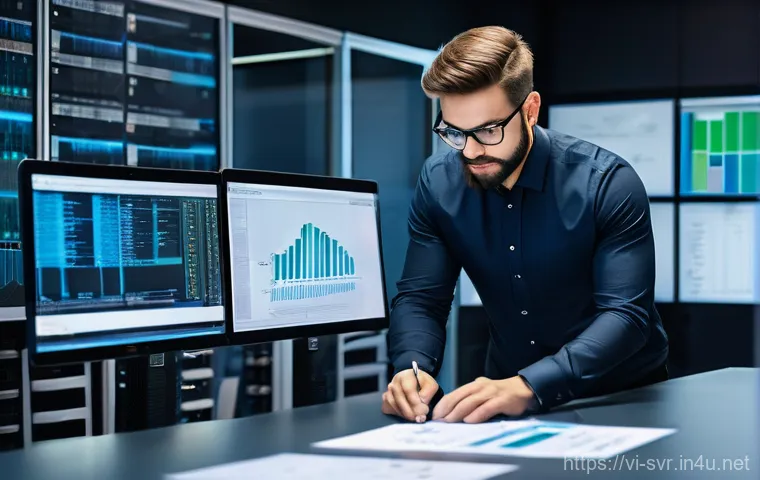 서버 업그레이드 체크리스트 - A focused IT professional, wearing smart casual attire, meticulously planning a server upgrade at a ...