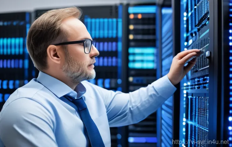 서버 업그레이드 체크리스트 - A diligent systems administrator, dressed in a professional polo shirt, standing in a clean, brightl...