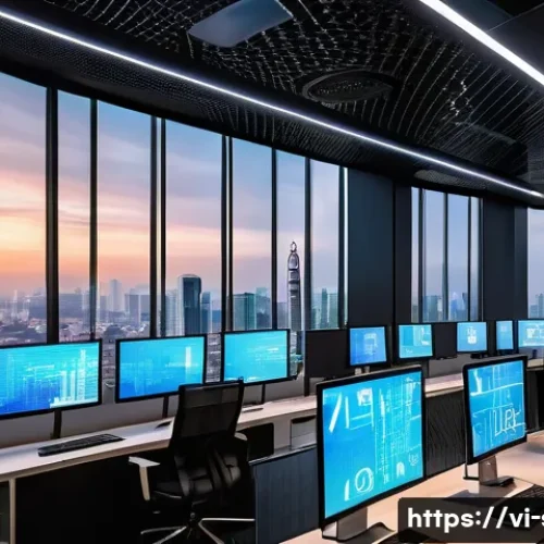 Home 24 서버 가상화 기술 소개 - A modern Vietnamese business office environment featuring IT professionals working on virtualization...