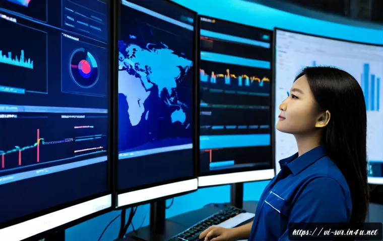 Home 30 실시간 서버 데이터 처리 기술 - Photorealistic Vietnamese data center engineer monitoring real-time server data on multiple clean da...
